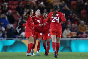 CanWNT Player Janine Beckie Scores a Goal at the Arnold Clark Cup on February 17, 2023