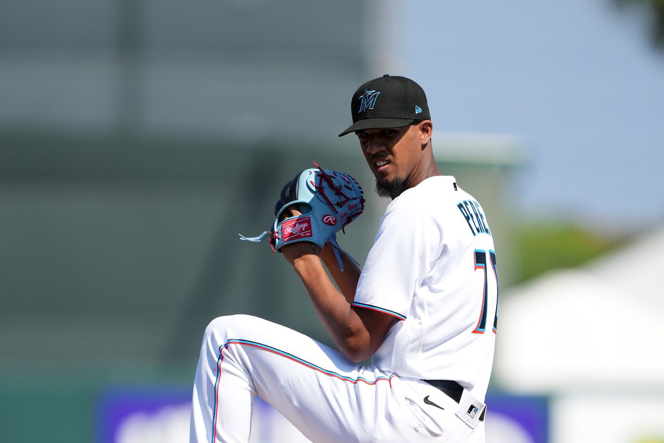 Eury Perez #76 of the Miami Marlins warms up prior to the third inning against the St. Louis Cardinals at Roger Dean Stadium on February 26, 2023 in Jupiter, Florida.