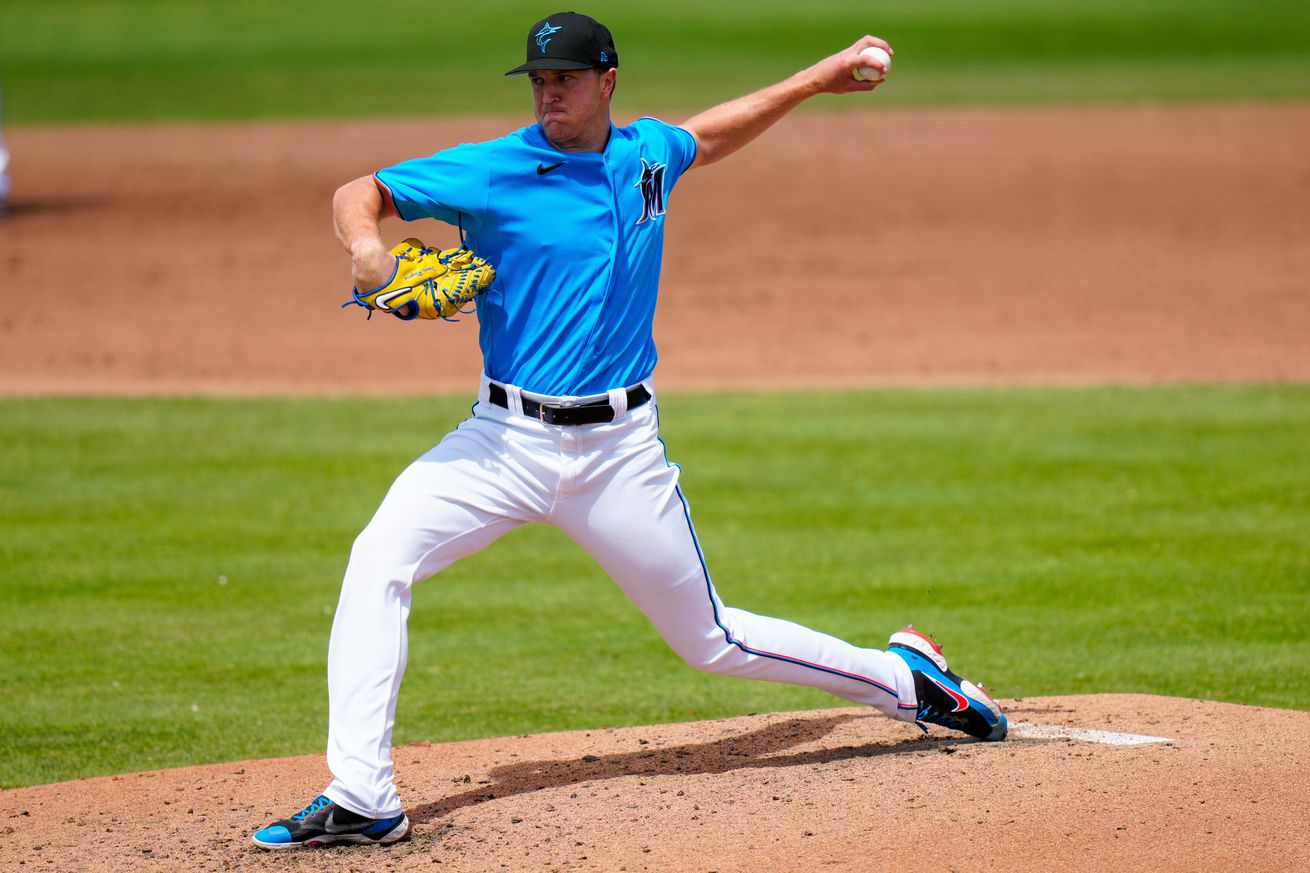 Miami Marlins starting pitcher Trevor Rogers (28) throws a pitch against the St. Louis Cardinals during the fifth inning at Roger Dean Stadium.