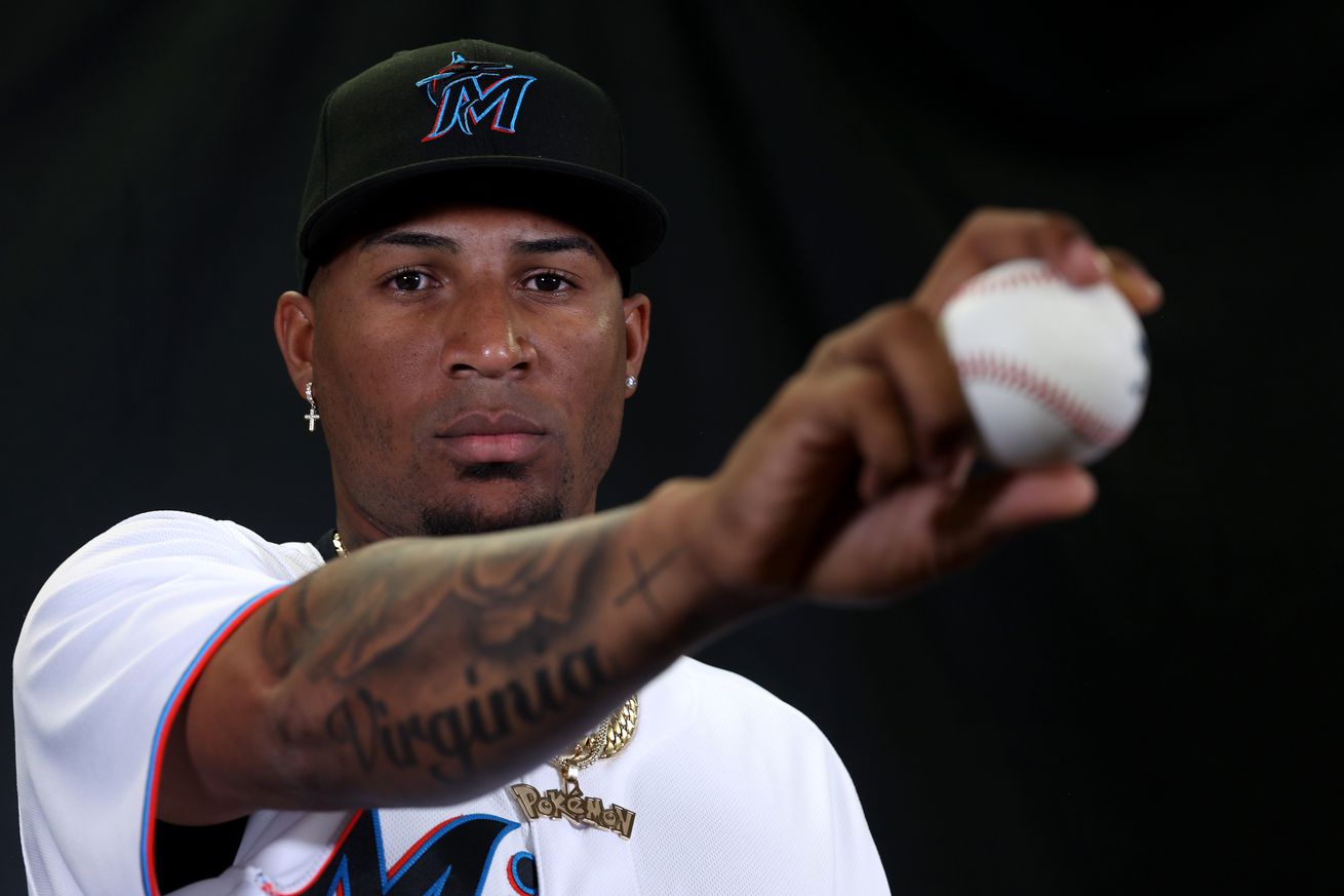 Sixto Sanchez #45 of the Miami Marlins poses for a portrait during photo day at Roger Dean Stadium on February 22, 2023 in Jupiter, Florida.