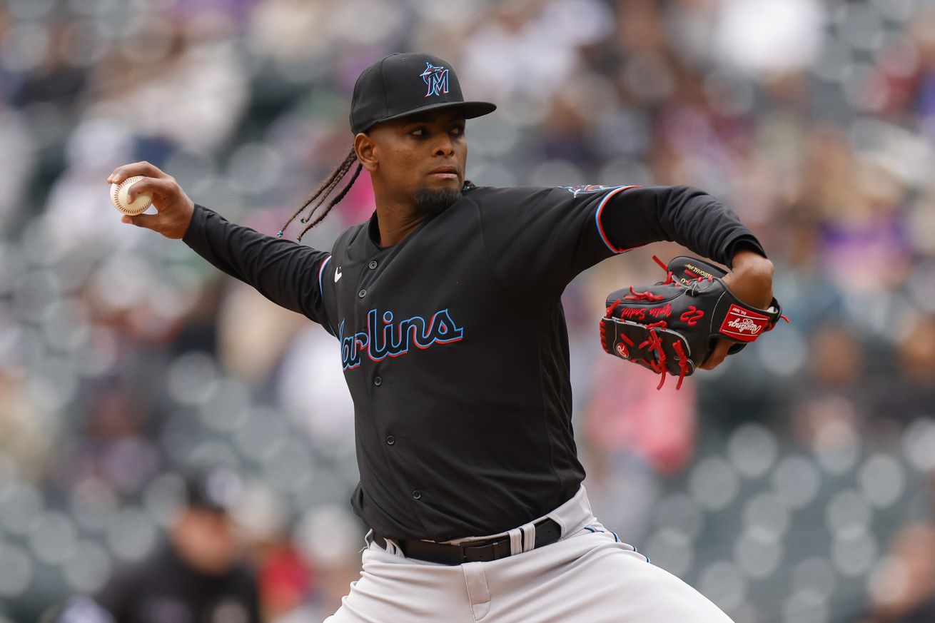 Starting pitcher Edward Cabrera #27 of the Miami Marlins delivers to home plate in the second inning against the Colorado Rockies in game one of a double header at Coors Field on June 1, 2022 in Denver, Colorado.