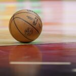 Mar 5, 2024; Miami, Florida, USA; A basketball sits on the court during the first half in the game between the Detroit Pistons and the Miami Heat at Kaseya Center. Mandatory Credit: Rhona Wise-USA TODAY Sports