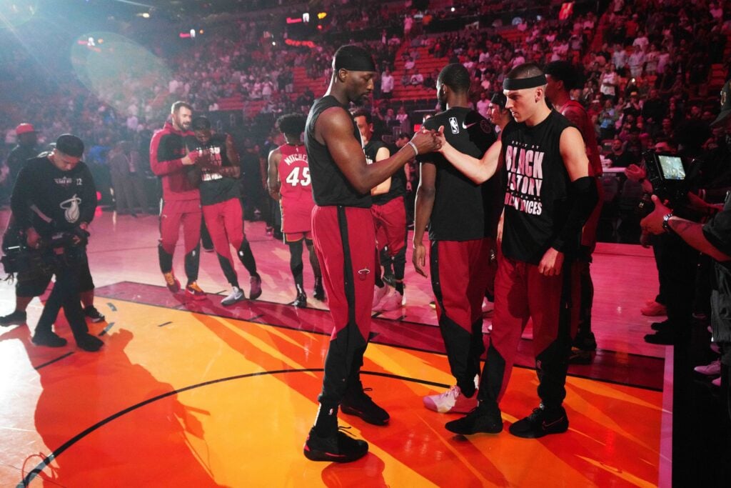Miami Heat center Bam Adebayo, left, and guard Tyler Herro are the pillars of the Miami Heat's starting five 