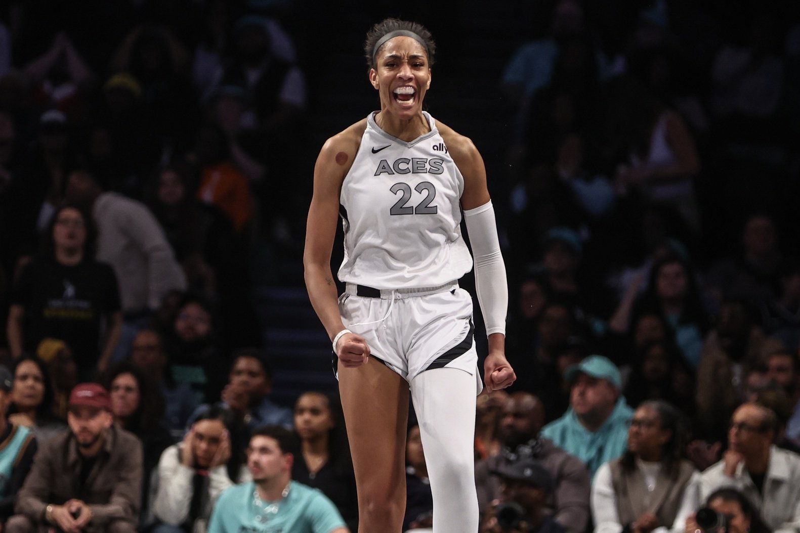 Las Vegas Aces center A'ja Wilson (22) celebrates after scoring in the fourth quarter against the New York Liberty during game two of the 2024 WNBA Semi-finals at Barclays Center.