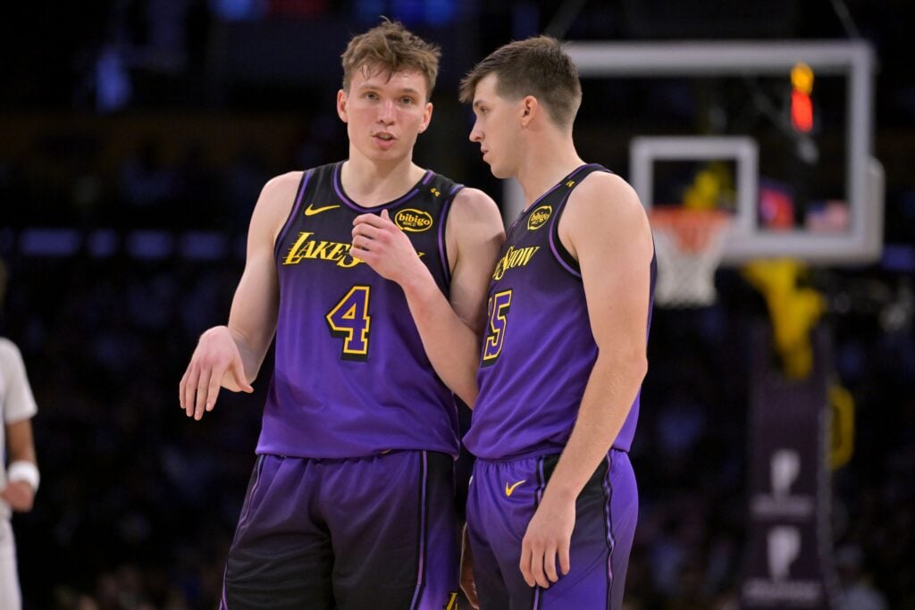 Los Angeles Lakers guard Dalton Knecht (4) and guard Austin Reaves